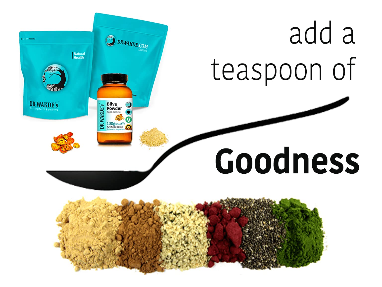 Dr Wakdes 100g herbal supplement bottle alongside traditional Ayurvedic wellness imagery