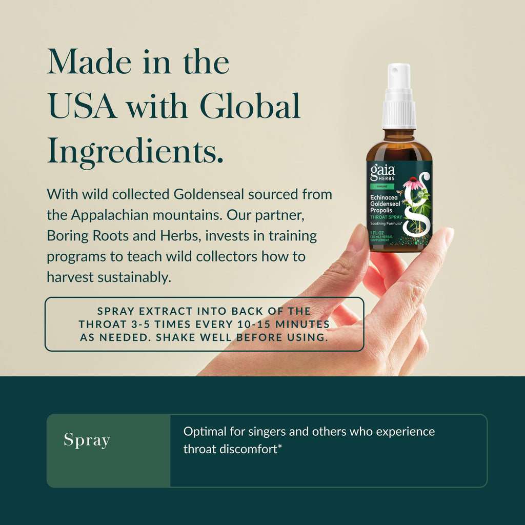 Close up of Gaia Herbs throat spray label ingredients