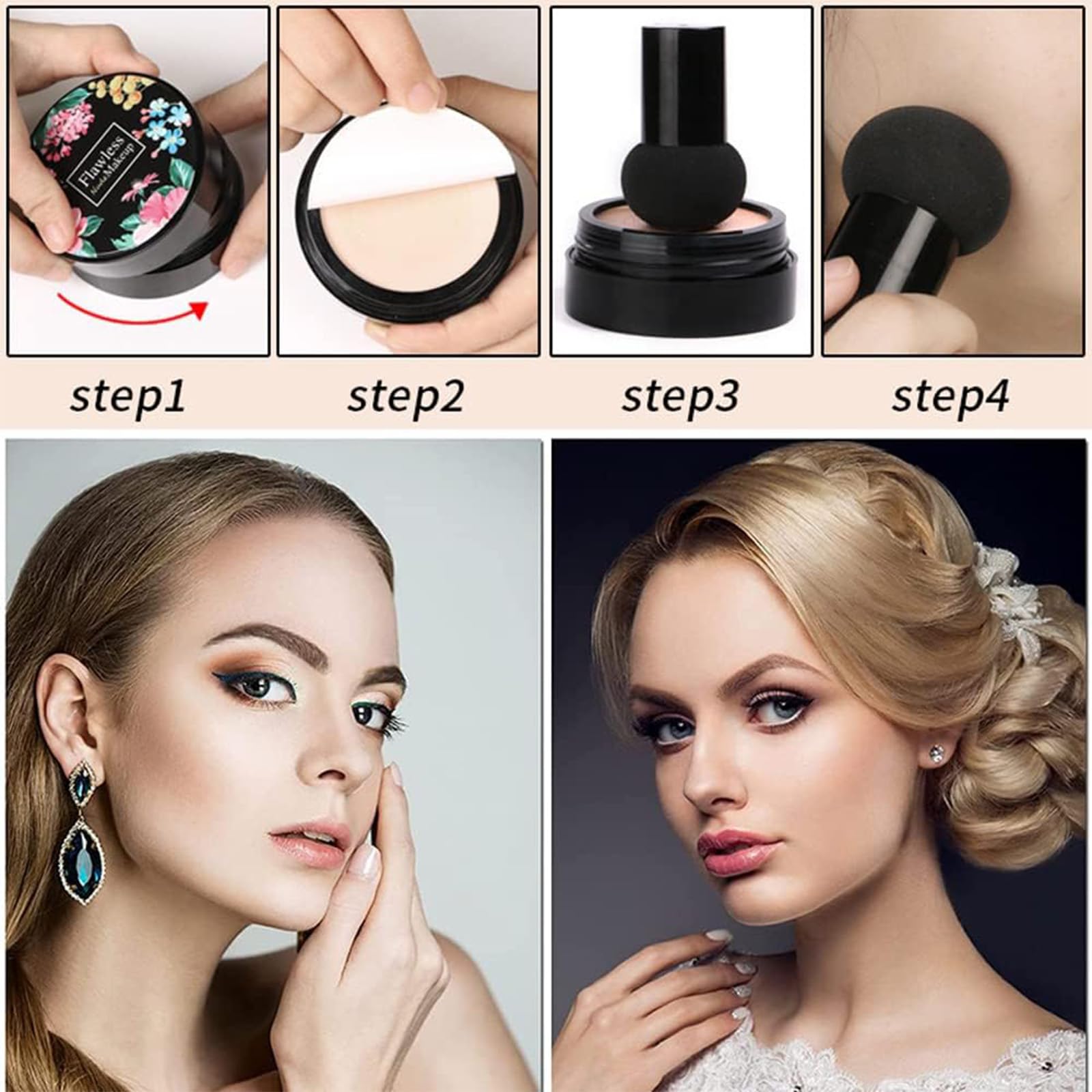 Model applying T-H-See foundation using mushroom sponge applicator