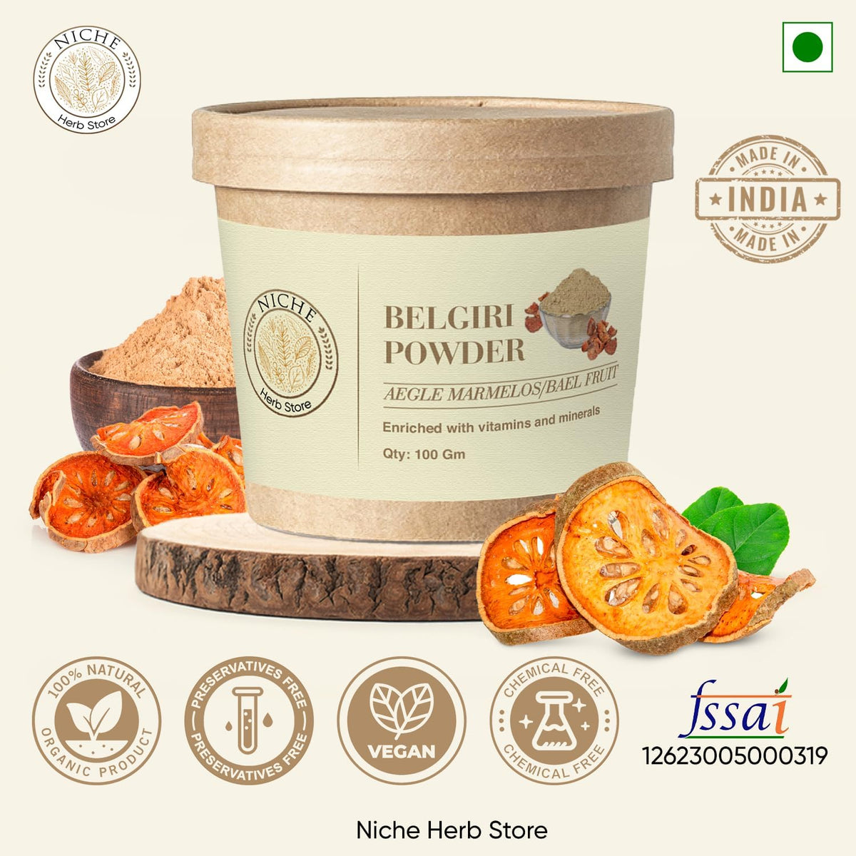 Pure Bael Phal dry powder packaging label highlighting botanical ingredients