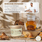 Natural gut health supplement container alongside raw herbal components representation