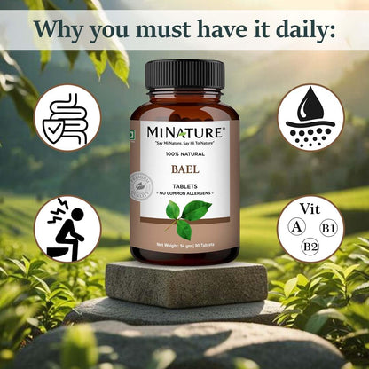 Back label of Pure and Natural Bilva Leaf tablets detailing ingredient list and forty-five days supply directions.