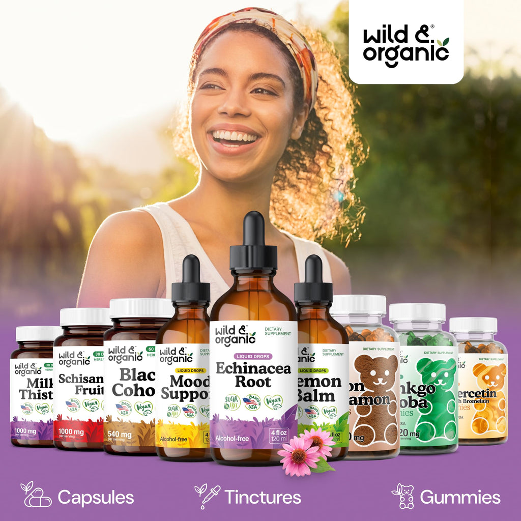 Close up of Wild and Organic Echinacea root extract dropper bottle