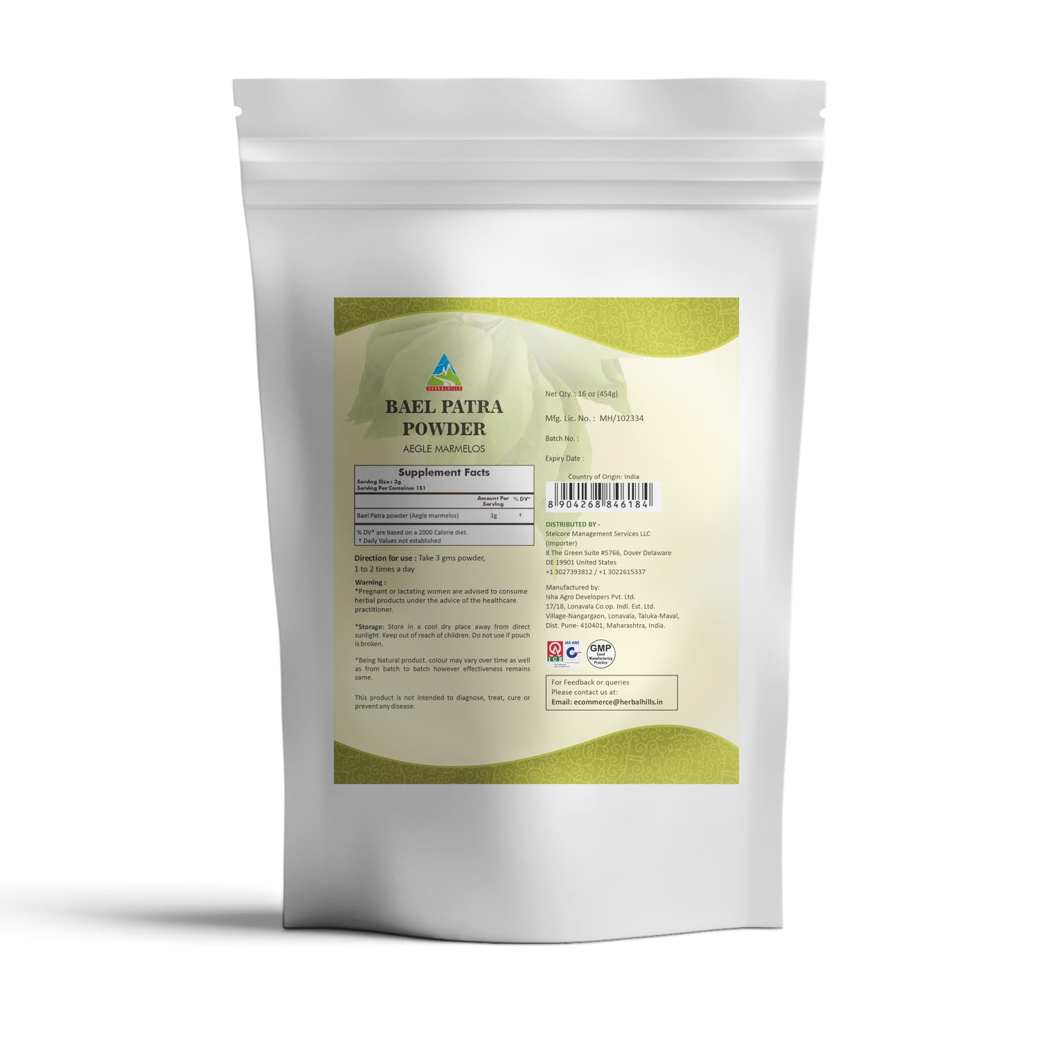 Back view of the Bilva leaf supplement showing ingredients, directions for use, and Ayurvedic certification.