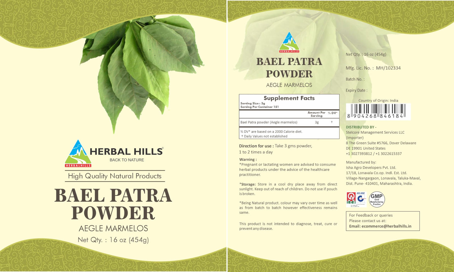 Close-up of the authentic Aegle marmelos fine green powder showing its pure herbal texture.