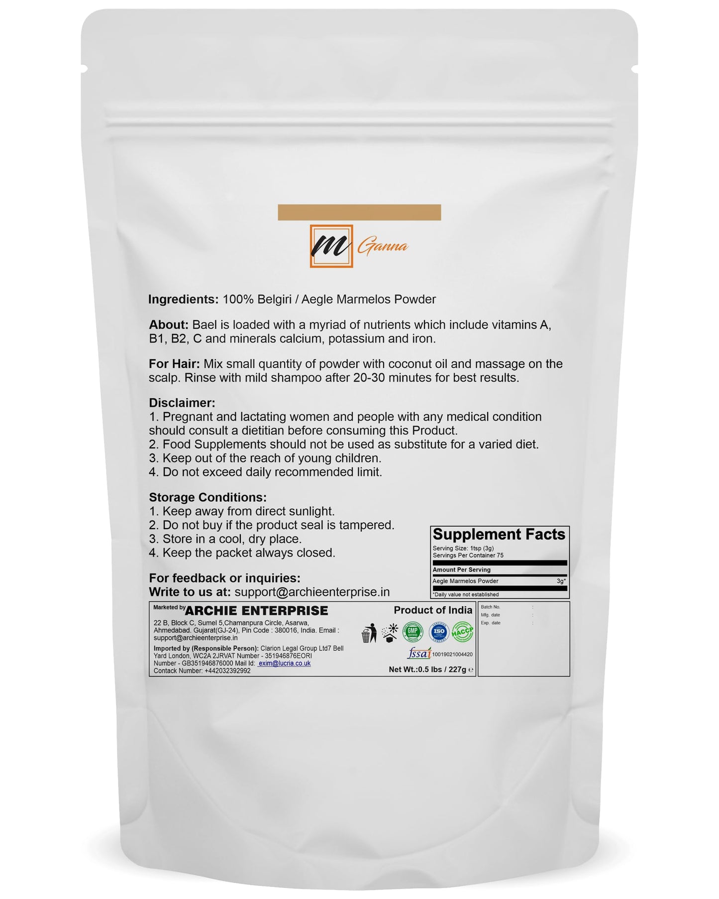 mGanna 100 percent natural Aegle Marmelos supplement bag nutrition facts