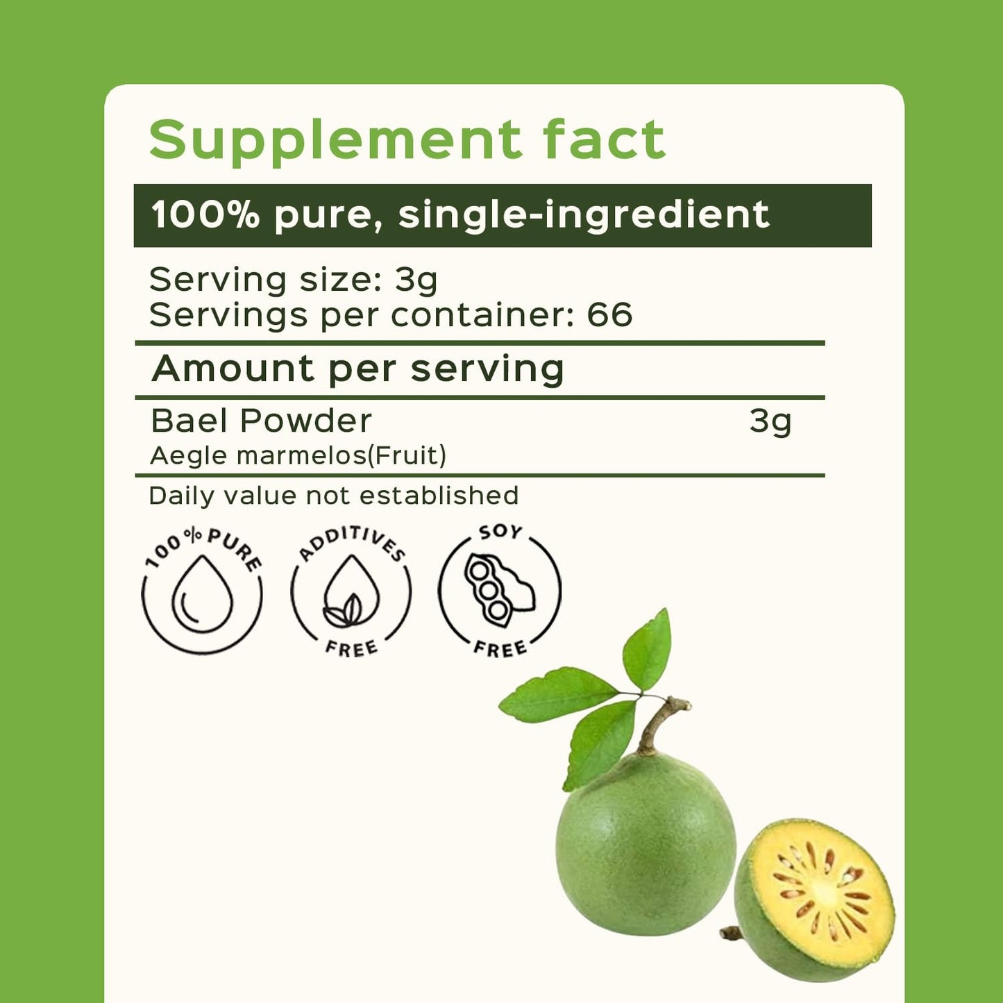 Bixa Botanical Bael Fruit Powder 200 grams container showing digestive benefits label