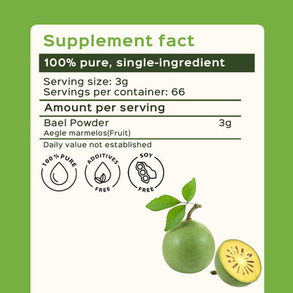 Bixa Botanical Bael Fruit Powder 200 grams container showing digestive benefits label