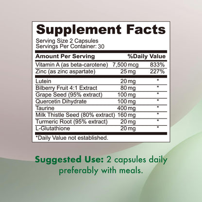 VHC 10 in 1 eye supplement container displaying lutein and bilberry ingredient details.