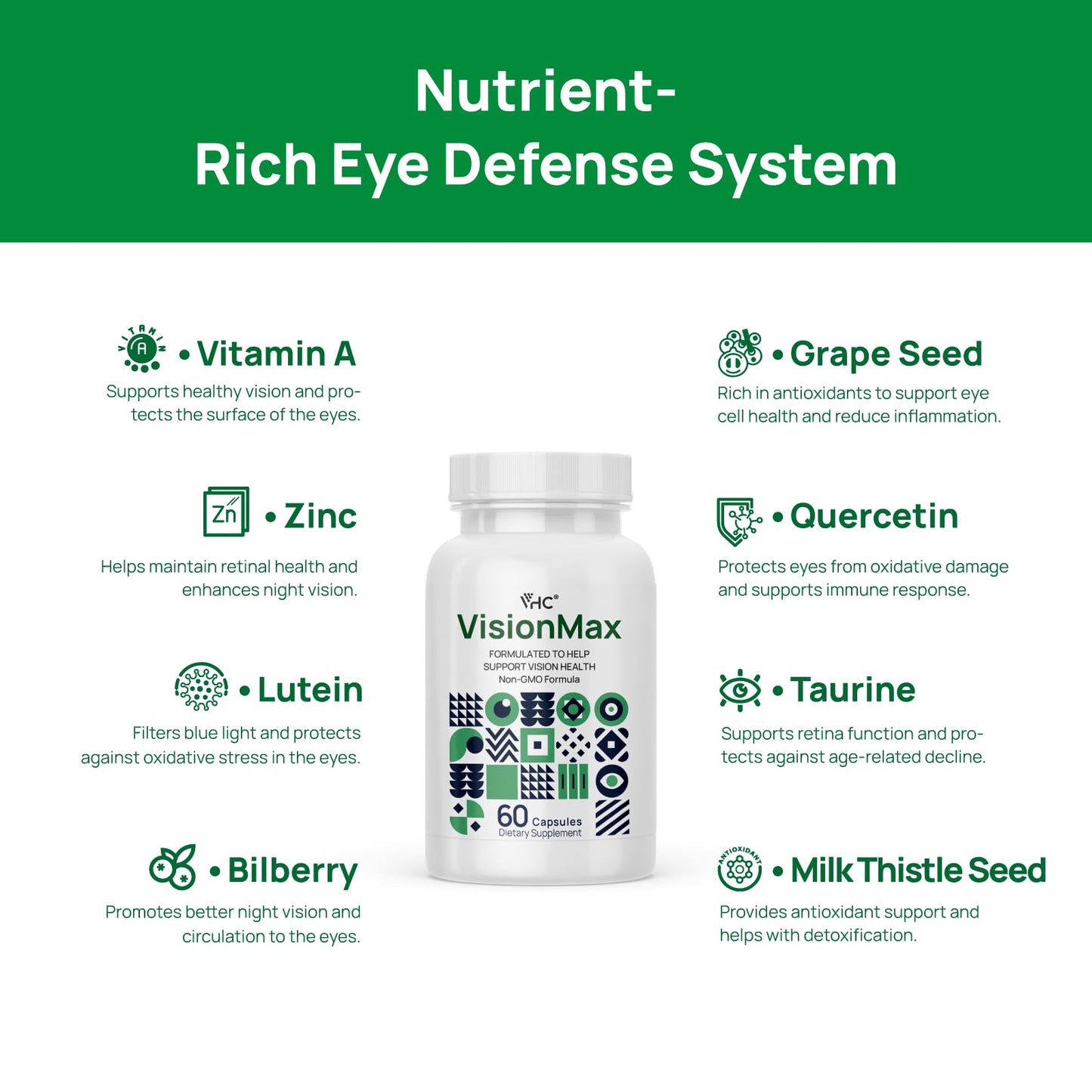 VHC vision health dietary supplement bottle placed upright for daily screen users.