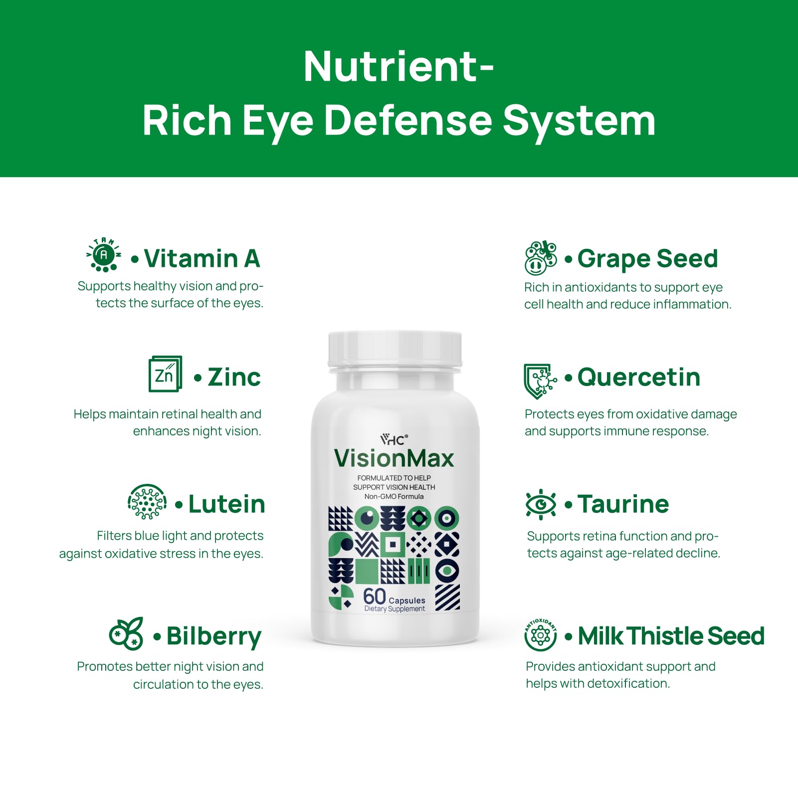 VHC vision health dietary supplement bottle placed upright for daily screen users.