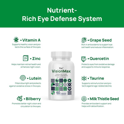 VHC vision health dietary supplement bottle placed upright for daily screen users.