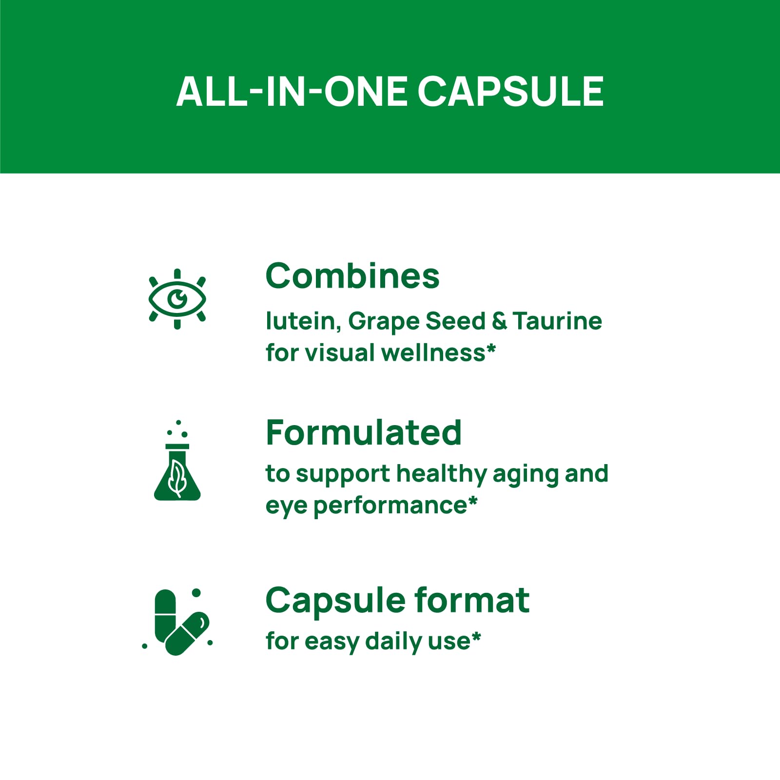 VHC imported eye vitamins with zinc and antioxidants label close up view.