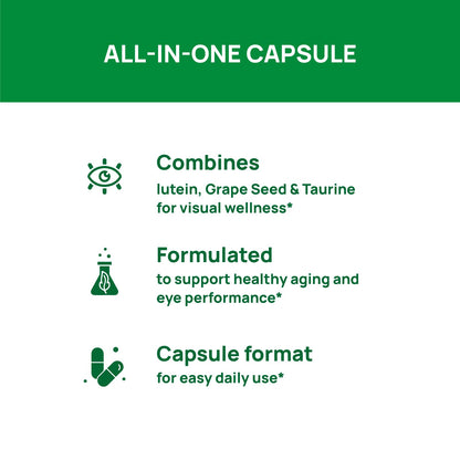 VHC imported eye vitamins with zinc and antioxidants label close up view.