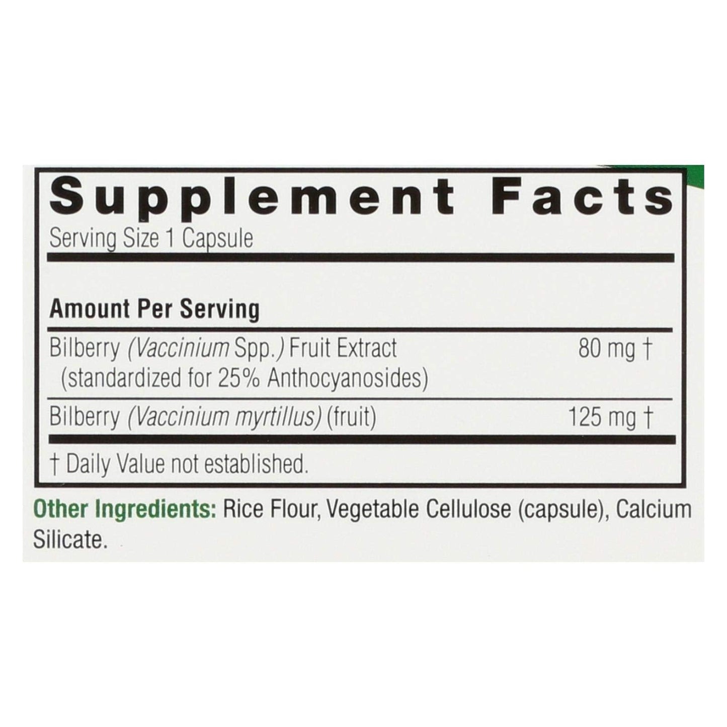 Nature's Answer Bilberry extract supplement nutritional facts label displaying 205 mg standardized dose.