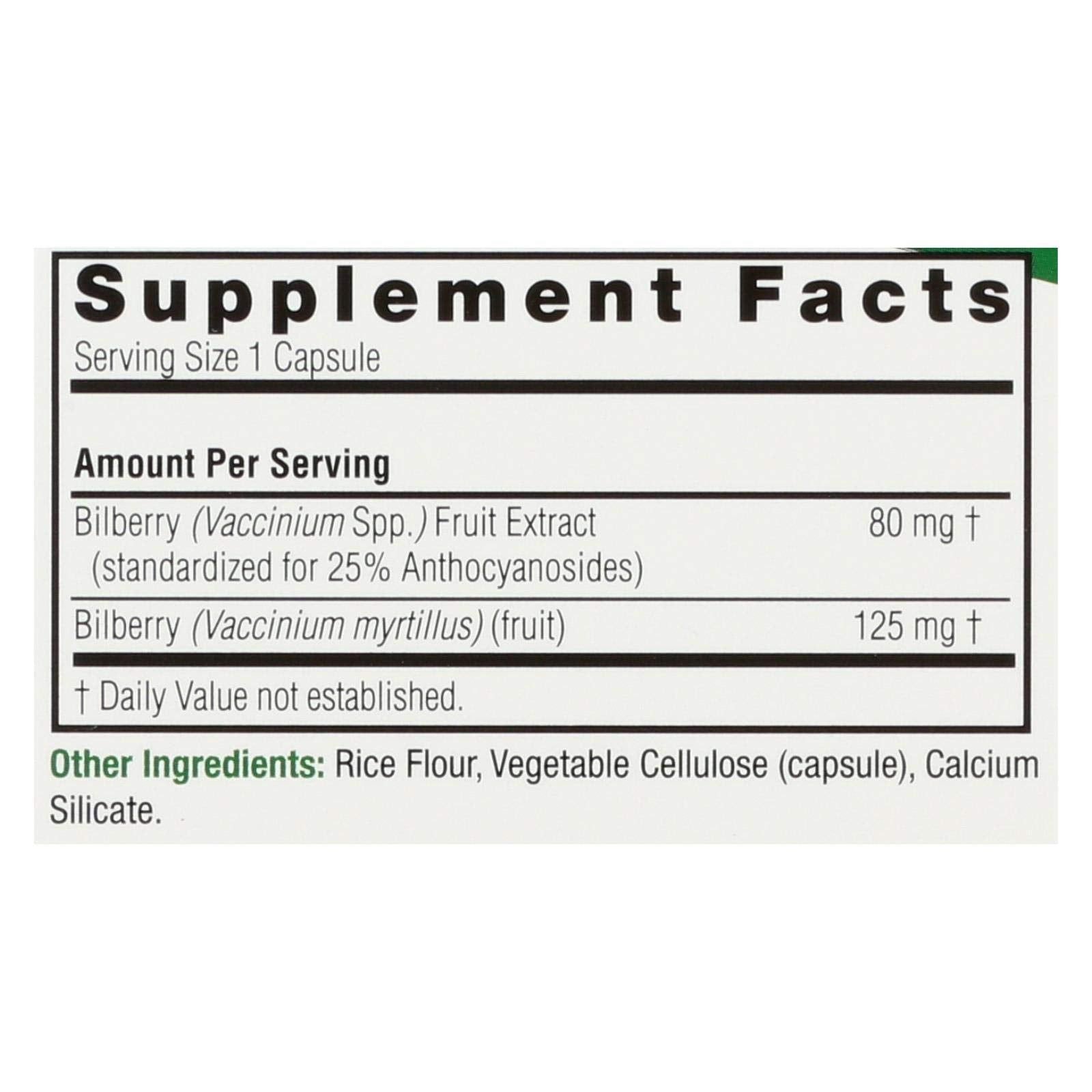 Nature's Answer Bilberry extract supplement nutritional facts label displaying 205 mg standardized dose.
