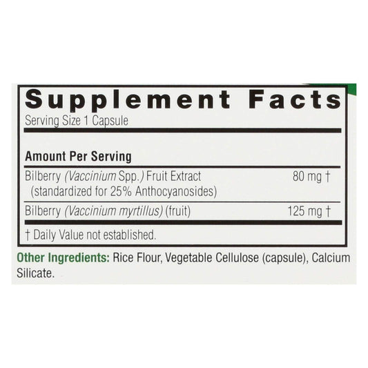 Nature's Answer Bilberry extract supplement nutritional facts label displaying 205 mg standardized dose.