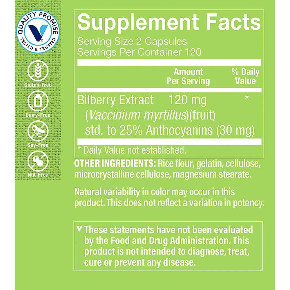 Side view of The Vitamin Shoppe Bilberry Extract bottle showing supplement facts and ingredient list.