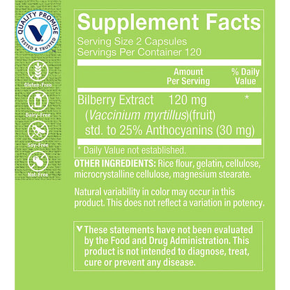 Side view of The Vitamin Shoppe Bilberry Extract bottle showing supplement facts and ingredient list.