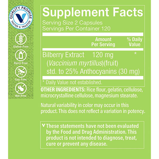 Side view of The Vitamin Shoppe Bilberry Extract bottle showing supplement facts and ingredient list.