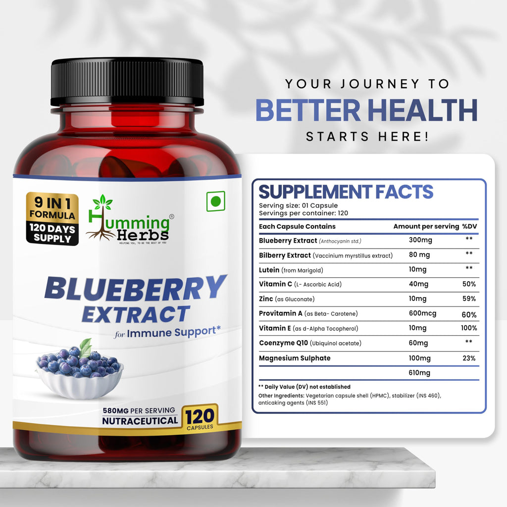 Humming Herbs Blueberry extract supplement bottle label highlighting 610 mg serving size and key ingredients.