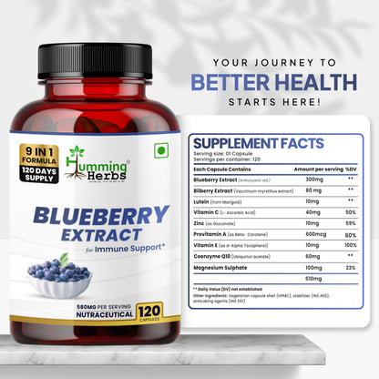 Humming Herbs Blueberry extract supplement bottle label highlighting 610 mg serving size and key ingredients.