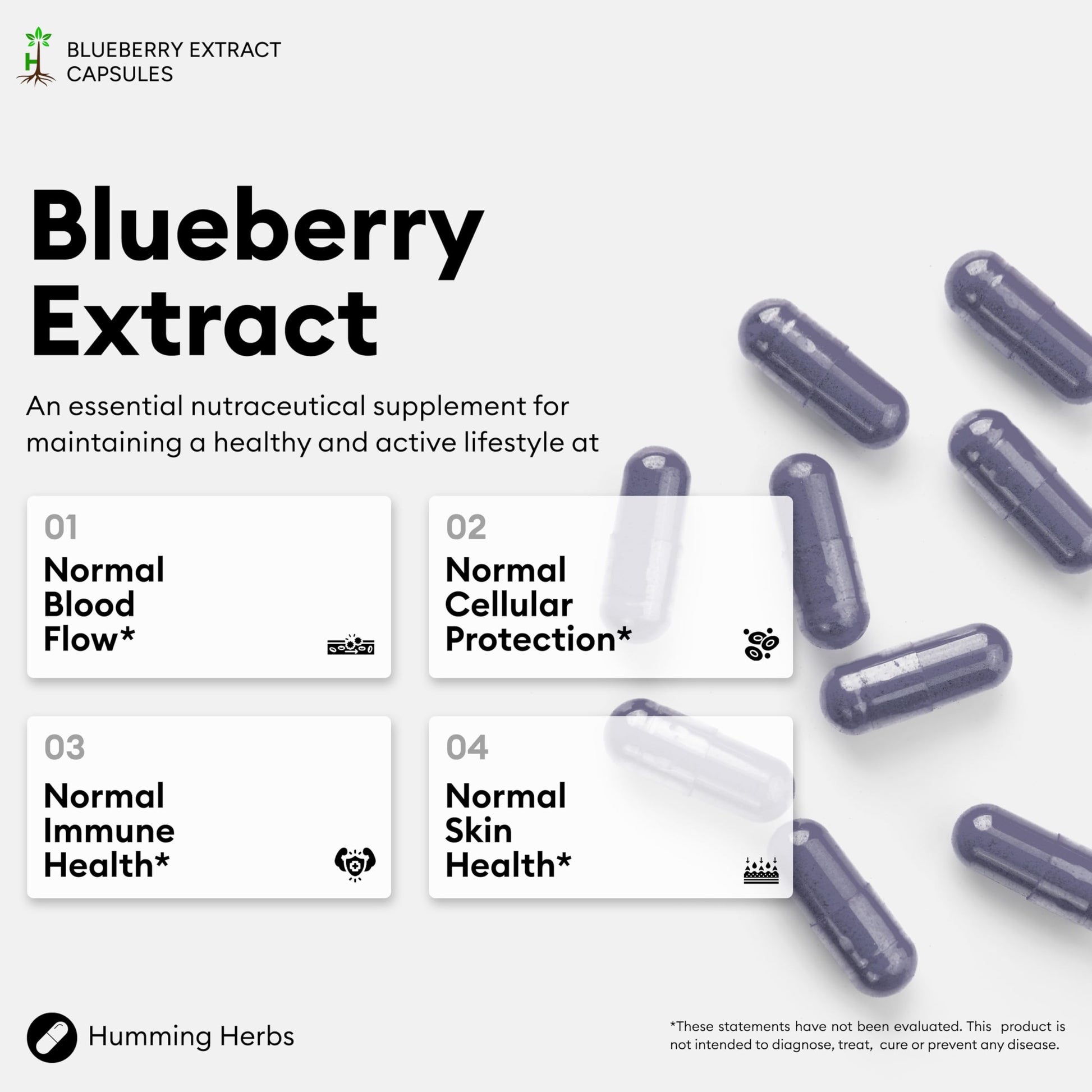 Humming Herbs eye care capsules with lutein and CoQ10 demonstrating vegetarian and gluten-free certifications.