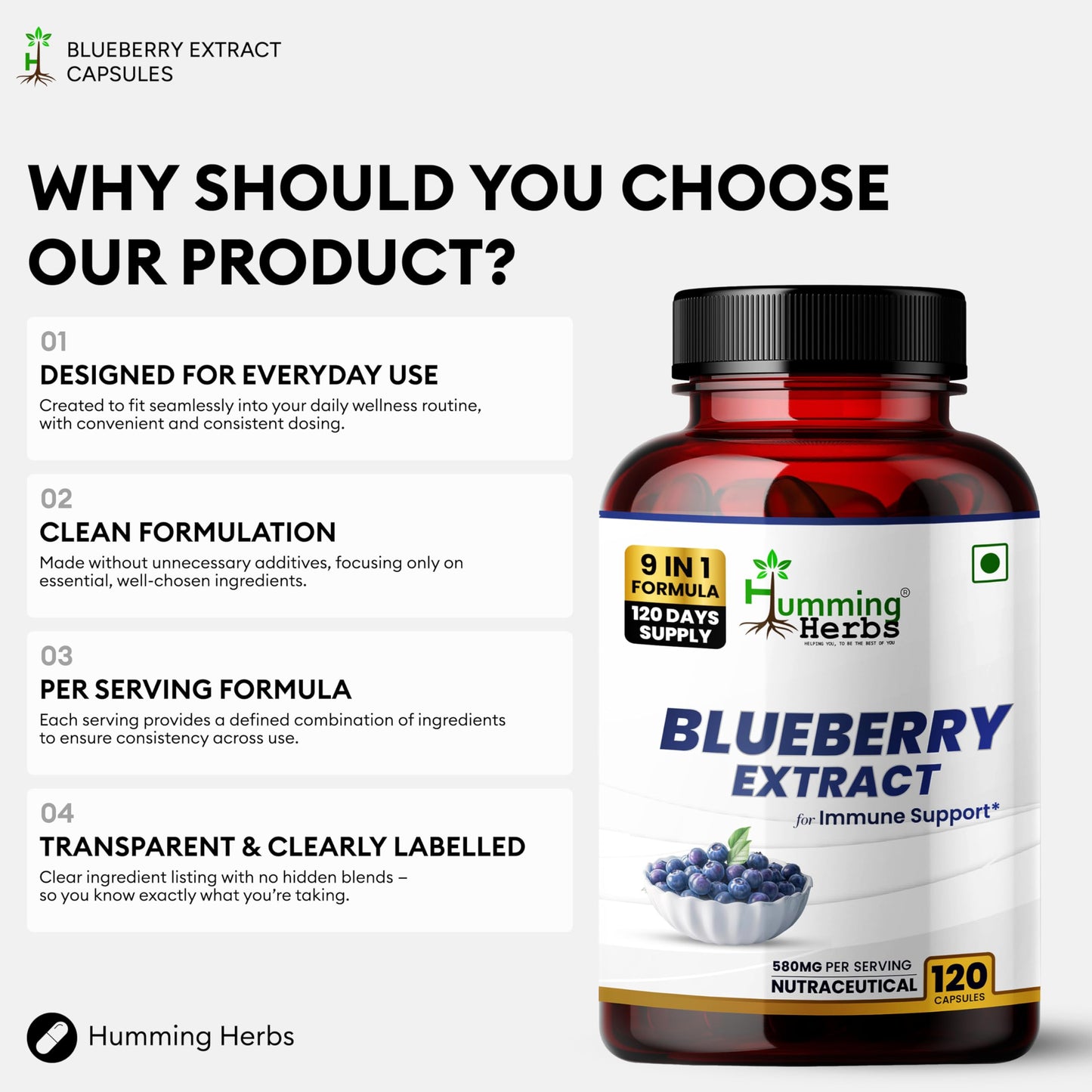 Nutritional facts panel of Humming Herbs Blueberry extract detailing Zinc, Vitamin C, and Magnesium content.