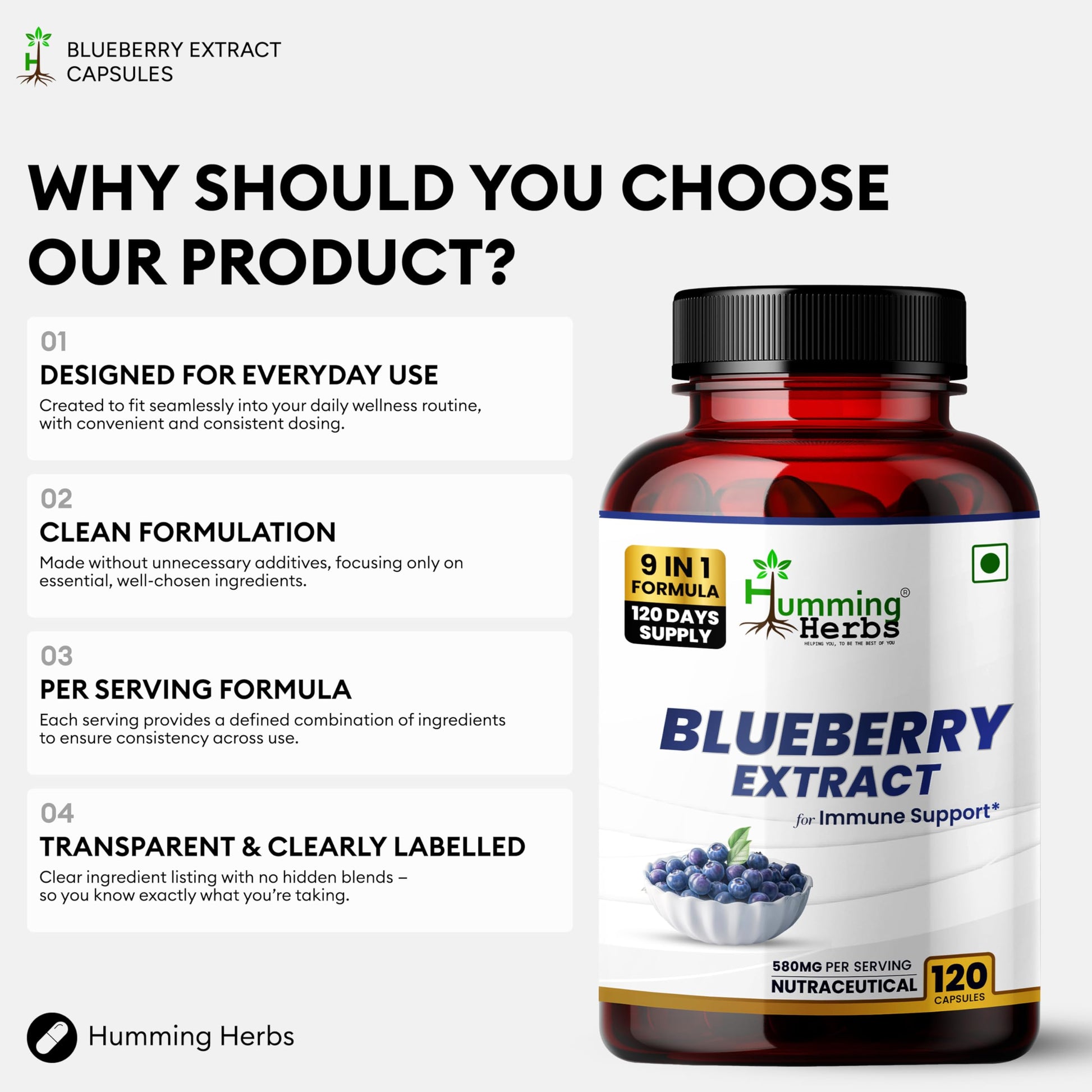 Nutritional facts panel of Humming Herbs Blueberry extract detailing Zinc, Vitamin C, and Magnesium content.