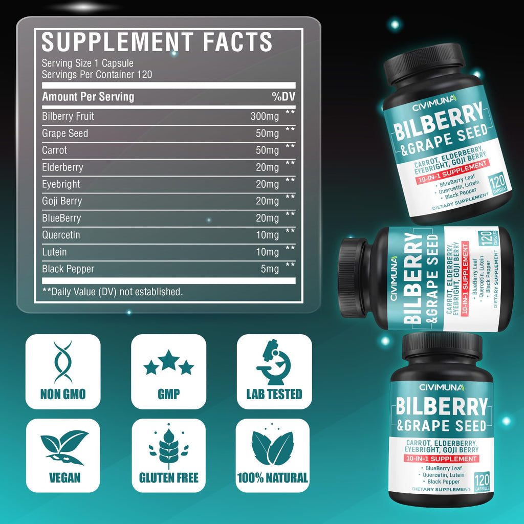 Side view of imported Herbs of Gold CIVIMUNA bilberry extract vision support capsules