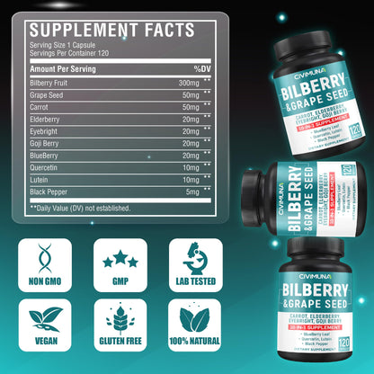 Side view of imported Herbs of Gold CIVIMUNA bilberry extract vision support capsules