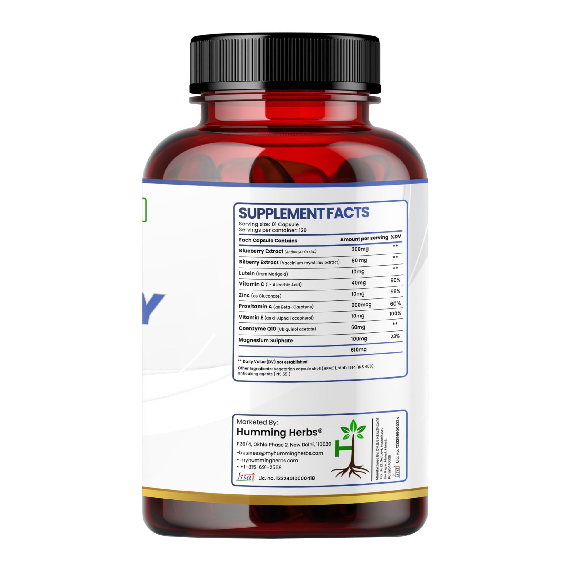 Humming Herbs Blueberry premium supplement bottle focus on blue light filtering lutein benefits.