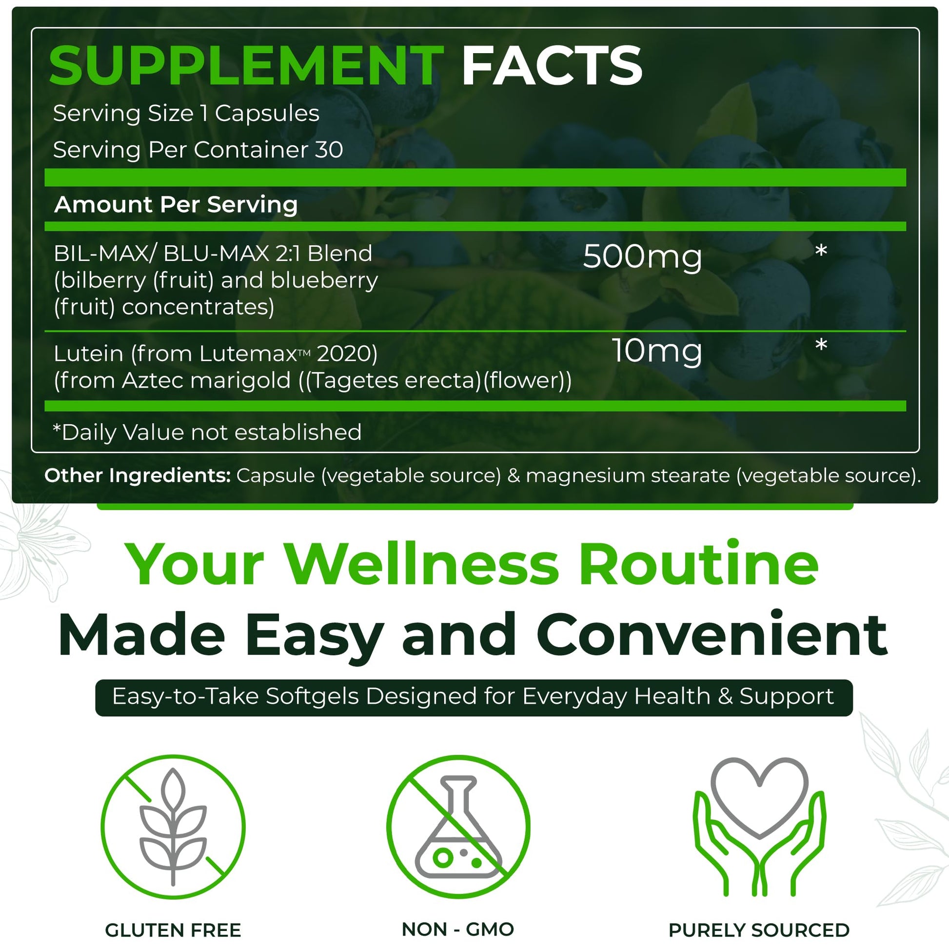 Natural Nutra Bilberry and Blueberry extract eye capsules supplement label view with ingredients.