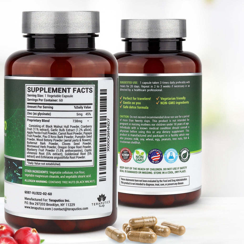 Side view of Teraputics IntestinePro showing herbal ingredients