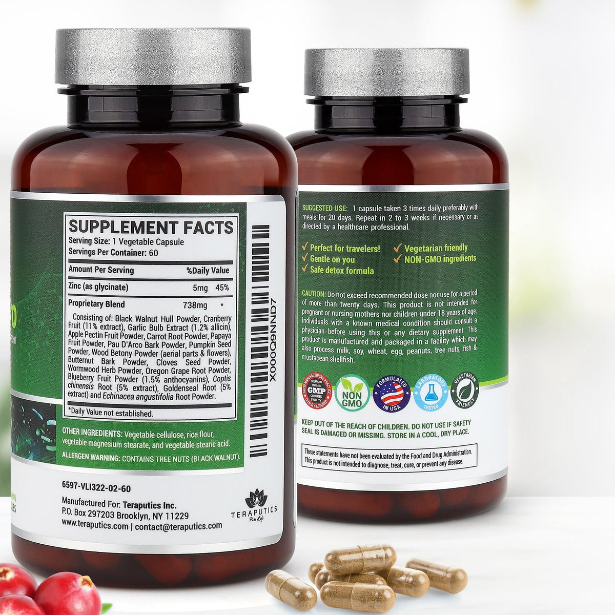 Side view of Teraputics IntestinePro showing herbal ingredients