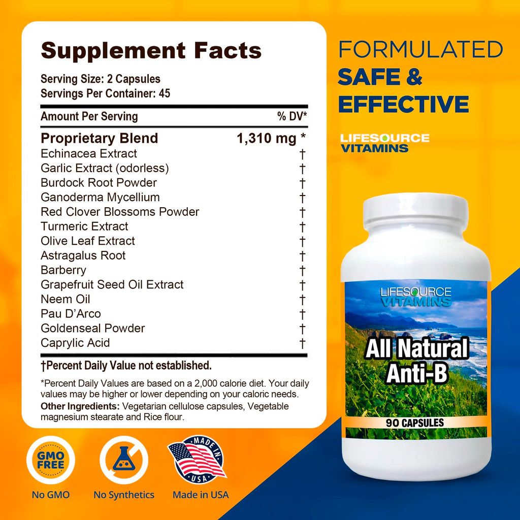 LifeSource Vitamins Anti-B bottle with echinacea and garlic extract branding