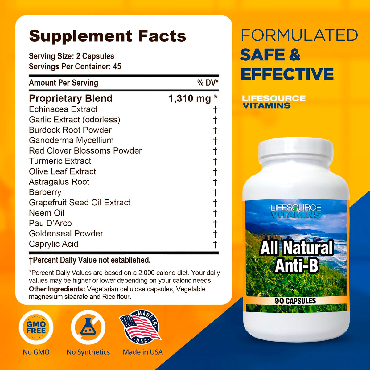 LifeSource Vitamins Anti-B bottle with echinacea and garlic extract branding