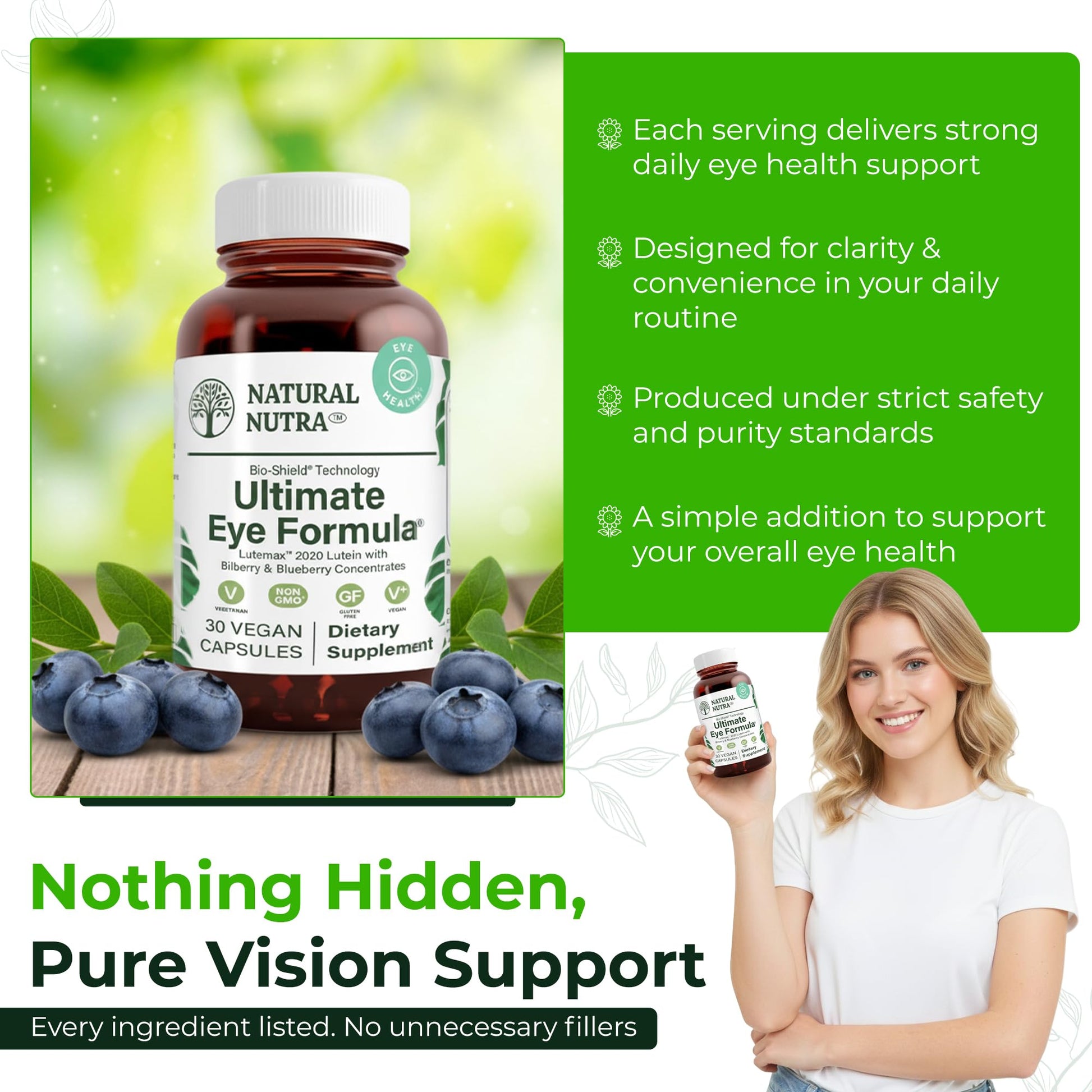 Natural Nutra vegan eye wellness dietary supplement bottles showcasing eco-friendly amber glass.