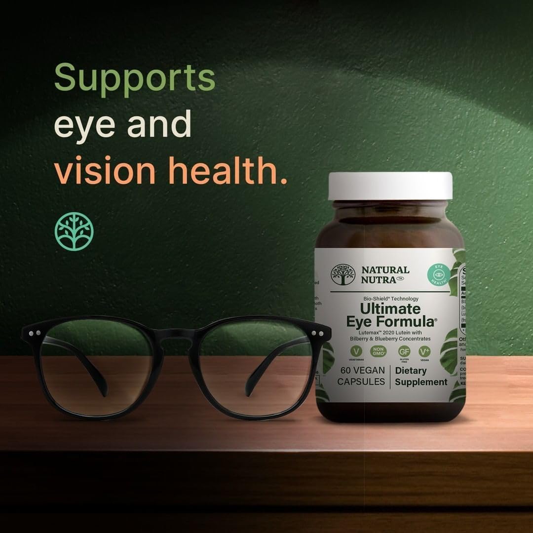 Natural Nutra 2:1 ratio bilberry blueberry blend daily eye care capsules side bottle description.