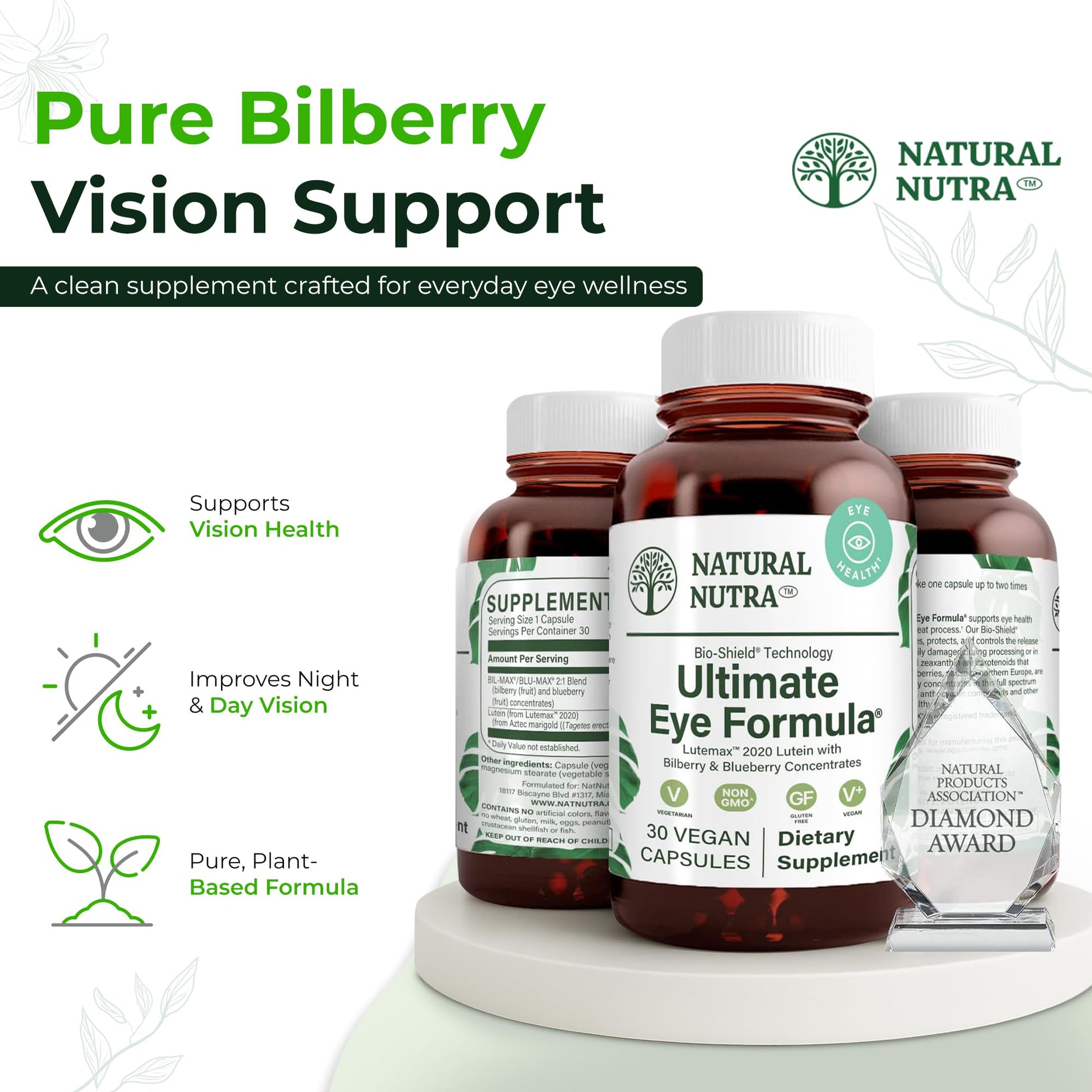 Natural Nutra non-GMO gluten-free eye health formula showing vegetarian capsule seal.