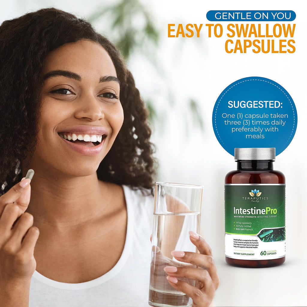 Close up of Teraputics IntestinePro non-GMO supplement packaging