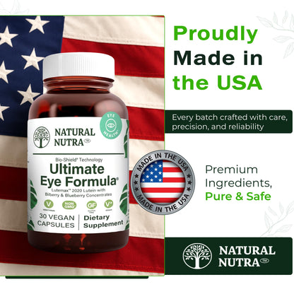 Natural Nutra Ultimate Eye Health two pack imported supplement bottles for digital strain protection.
