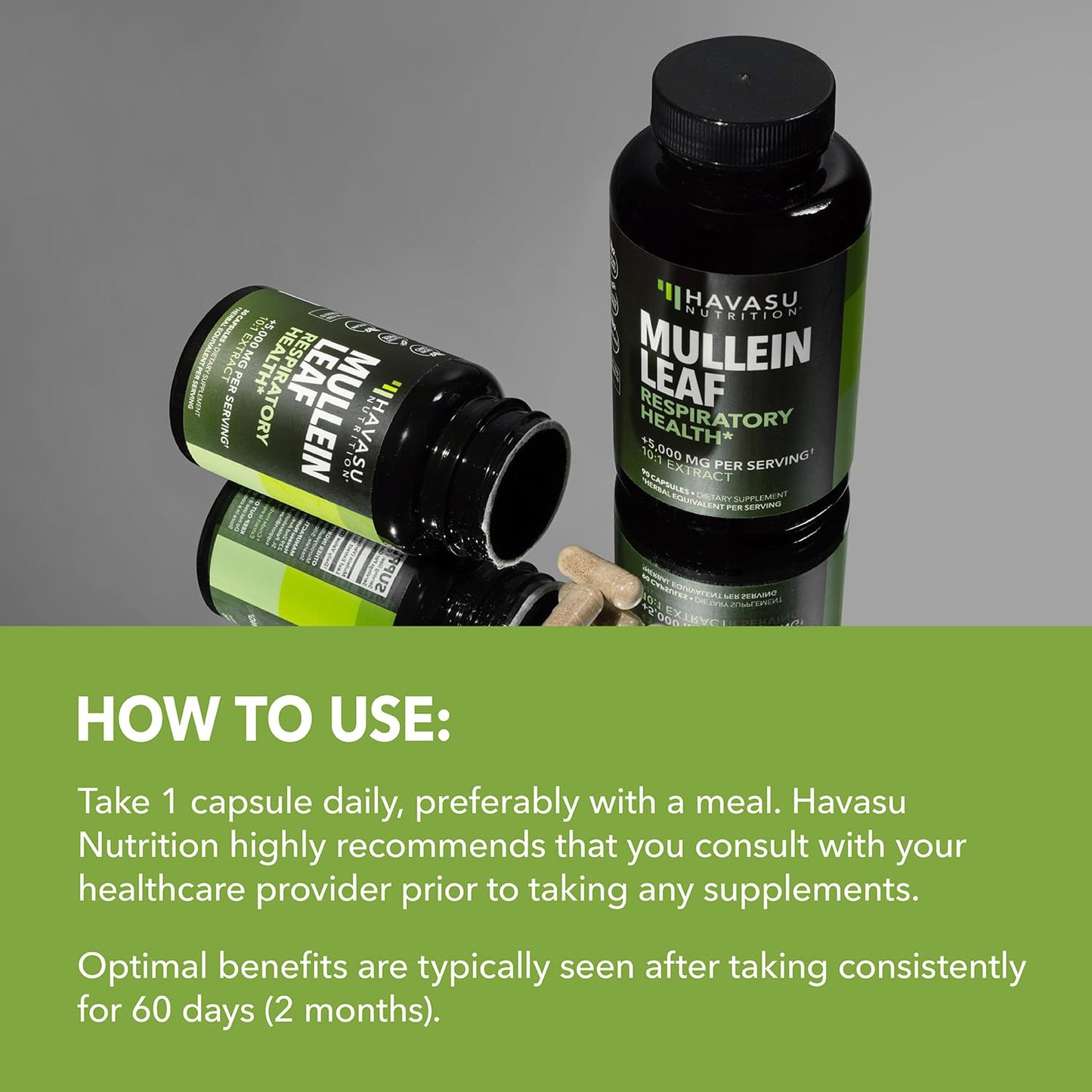 Back label of Havasu Nutrition Mullein Leaf 30 count bottle