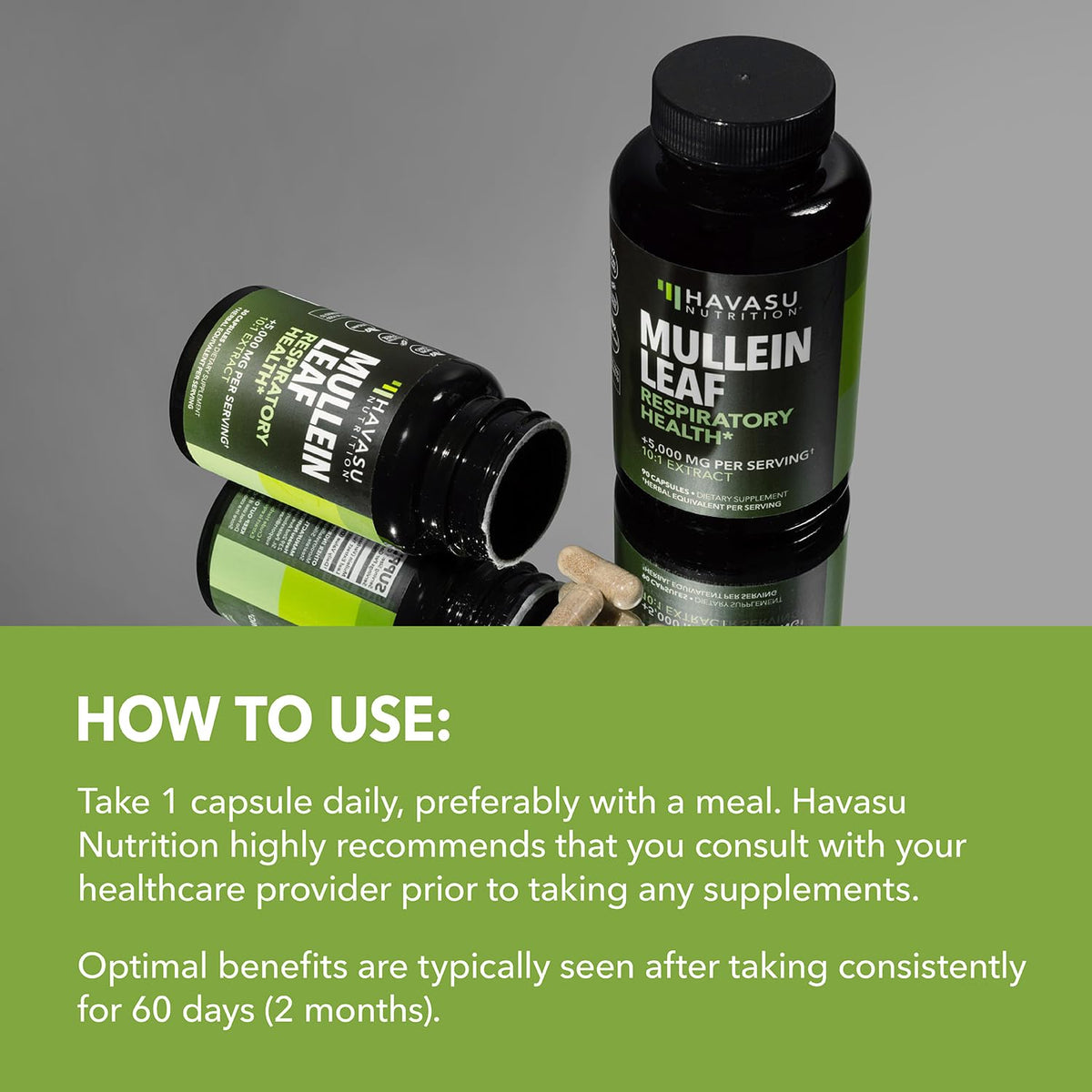 Back label of Havasu Nutrition Mullein Leaf 30 count bottle