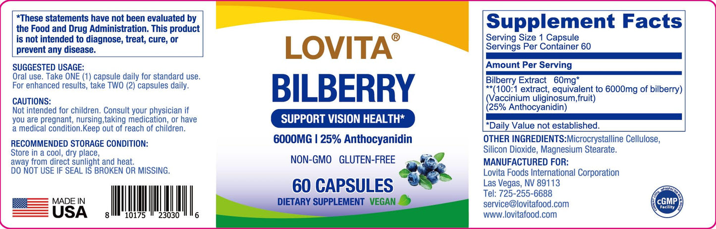Lovita Bilberry Extract sixty vegan capsules packaging showcasing ninety-five percent anthocyanins standard certification
