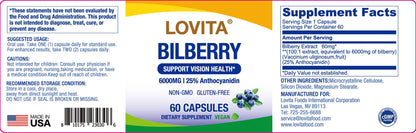 Lovita Bilberry Extract sixty vegan capsules packaging showcasing ninety-five percent anthocyanins standard certification