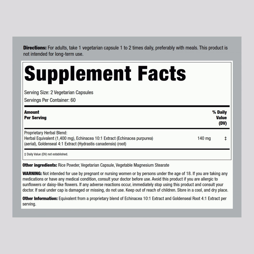 Piping Rock Echinacea Goldenseal supplement bottle side label