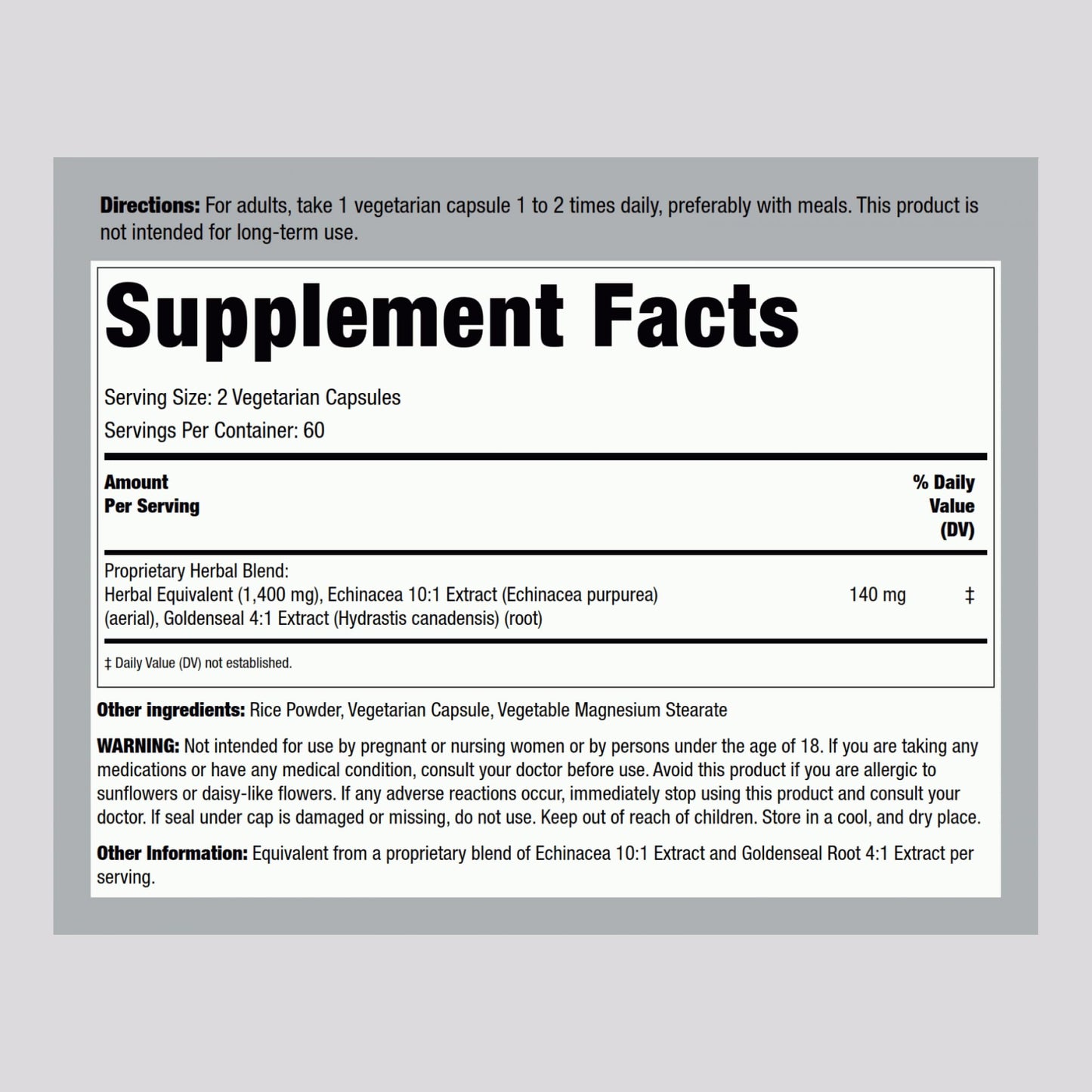 Piping Rock Echinacea Goldenseal supplement bottle side label