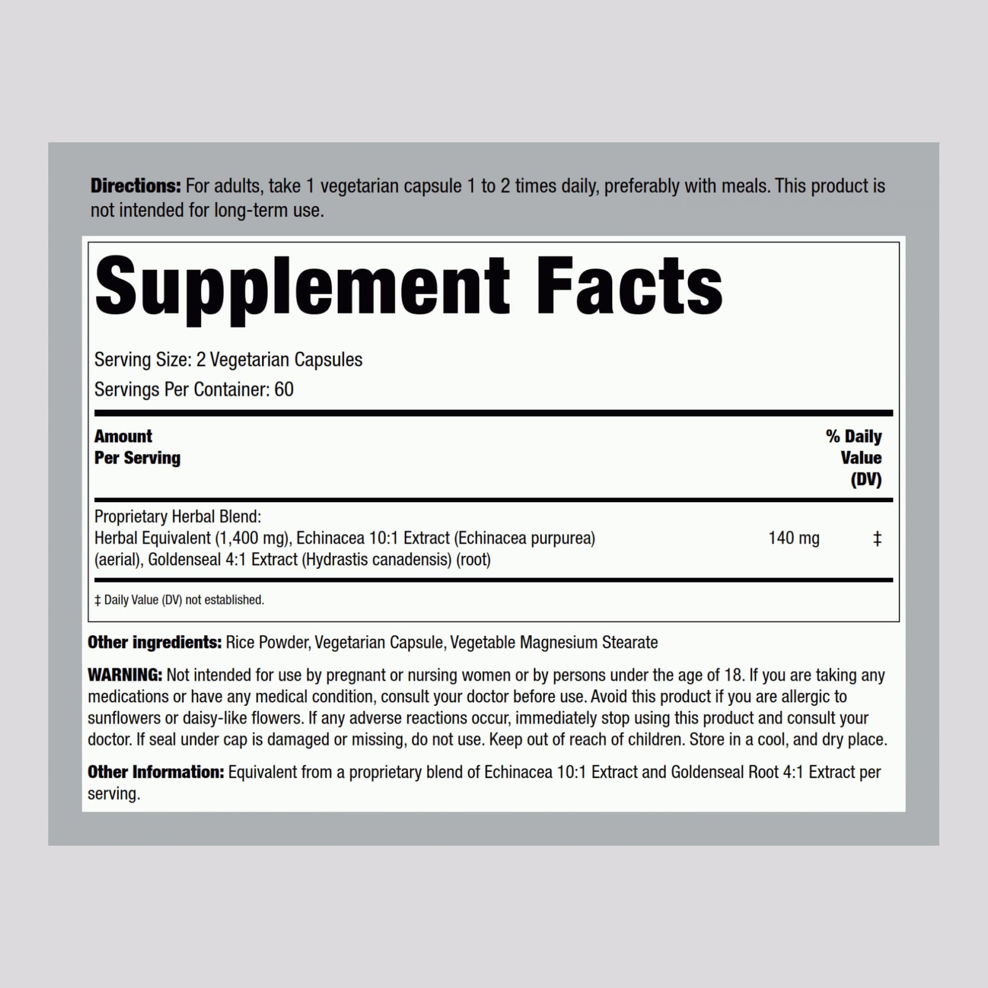 Piping Rock Echinacea Goldenseal supplement bottle side label