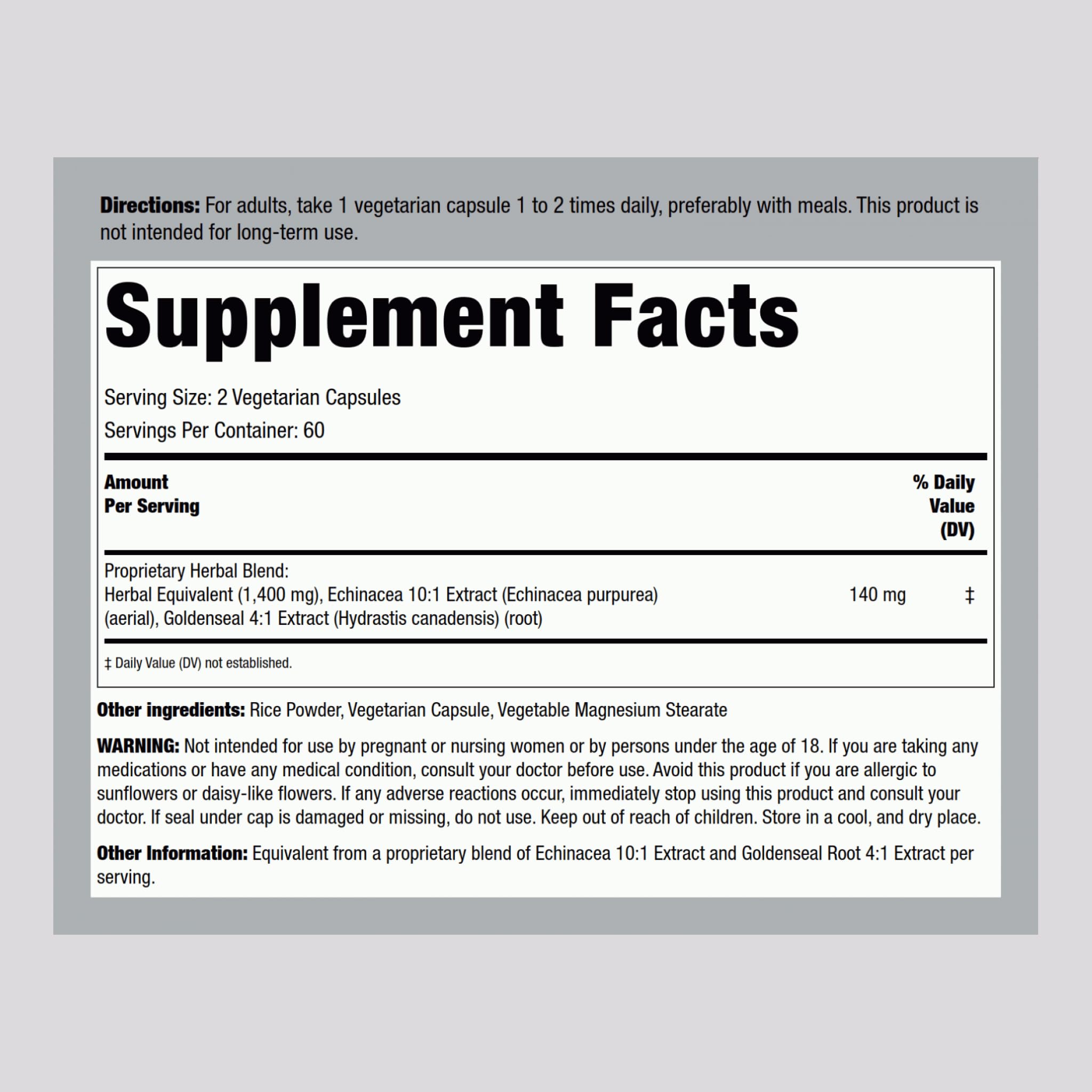 Piping Rock Echinacea Goldenseal supplement bottle side label